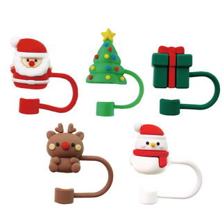 可愛聖誕造型吸管套 矽膠防塵吸管塞 多款聖誕角色設計 環保可重複使用, 5個, 1套