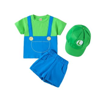 愛北鼻 瑪莉歐套裝 萬聖節衣服 男女童表演服裝 超級瑪利服裝 夏季姐弟裝 兄妹裝 COSPLAY, 路易吉-男童款-上衣+褲子+帽子110碼, 1套