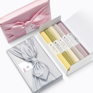 잔치엔 오색국수 5조 봄봄실크 보자기포장 명절 결혼식 웨딩 칠순 답례품, 혼합색상, 1세트, 잔치엔국수5색