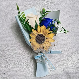 畢業禮物向日葵仿真玫瑰小花束 教師節生日送友感恩禮品, 三朵藍色紙向日葵,花束高度：23cm左右, 1個