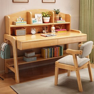 實木陞降學習書桌帶書架一體，中小學生家用寫字桌，臥室小戶型兒童學習桌, 原木色單桌+帶書架+靠背椅【其他顏色留言,86*60*120CM【單抽】