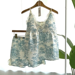 네모엔룩 명화레이스 여성용 캡내장형 명화나염 패턴 레이스장식 라운지웨어 끈조절 민소매 반바지 상하의 잠옷세트 투피스 총2장