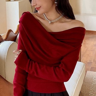 酒紅色一字領露肩薄款針織衫上衣 - 優雅別緻訂婚禮服, 红色,均码, 红色