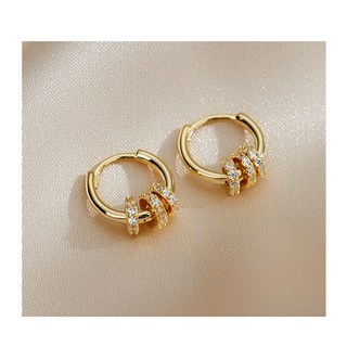 精緻鋯石圓圈耳扣 S925銀針耳環 韓版冷淡風香檳金色耳飾