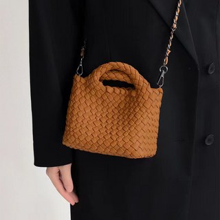 手工編織迷你手提斜挎包 - 純色簡約百搭通勤小方包, 棕色+鏈條+編織內袋