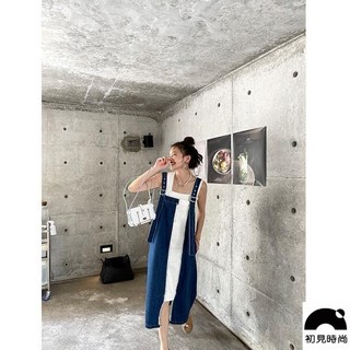 初見 大尺碼牛仔背帶裙 顯瘦不規則設計感連衣裙, 拼接藍 高品質收藏關注店鋪,S（建議80-95斤）