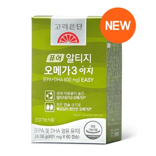 고려은단 퓨어 알티지 오메가3 이지 easy 목넘김 쉬운 편안 작은 식물성 캡슐 rTG 알티쥐 DHA EPA 600mg 혈행 눈 건강 관리 기능성 남자친구 여자친구 남편 아내 선물, 60정, 1개