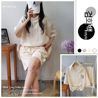 검회백스타일 여성용 국내제작 RY후드SET 특양면 반팔 반바지 캐쥬얼 츄리닝 세트 자수 레터링 홈웨어 상하의 세트 꾸안꾸 마실룩 캠핑룩 나들이 해외여행 여행 젊줌마