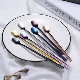 方頭咖啡勺 咖啡匙 攪拌匙 咖啡攪拌棒 長柄不鏽鋼冰勺 甜點勺 果醬勺, 1個, 15cm,黑色