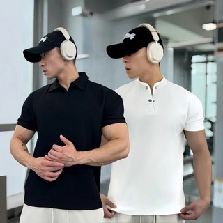 台灣出貨 夏季新中式亨利領/翻領大POLO收袖口運動透氣休閒高彈健身T恤 運動T恤 短袖Polo衫 健身短袖 運動短袖