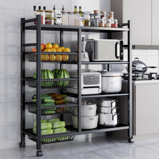 CUBBYCASE 이동식 철제 주방 수납 선반 전자레인지 다층 가정용 정리 선반, 4단, 블랙