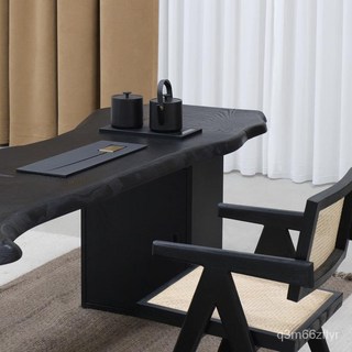 木有作為 侘寂中古碳化黑色實木茶桌 書桌原木異形大闆茶臺, 侘寂碳化大板桌（含雙黑色金屬腳+茶z,300x65cm 約5cm厚