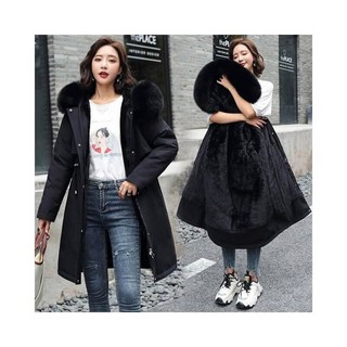 羽絨外套女款秋冬防風保暖中長版大尺碼連帽刷毛休閒鋪棉大衣