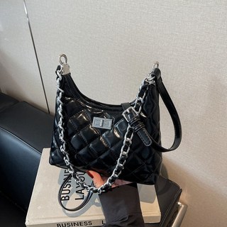 菱格鏈條腋下包 時尚餃子斜挎包 春夏百搭小包, 黑色