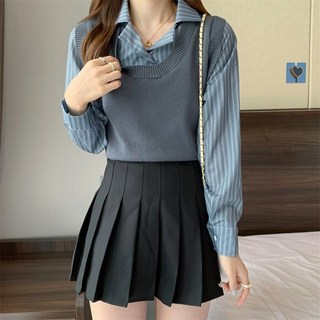 韓版學院風假兩件針織衫秋裝短款長袖上衣