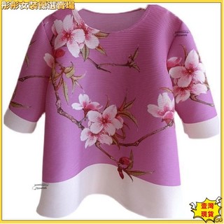 褶皺印花上衣，寬鬆五分袖，中國風宮廷復古