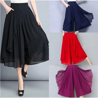 M-5XL 大尺碼雪紡闊腿褲 高腰顯瘦七分褲 女款寬鬆休閒褲裙 透氣有口袋