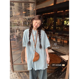 復古木耳朵花邊 藍色格子 短袖襯衫 女士夏季甜美休閒 上衣寛鬆圓領