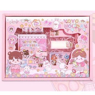 64K 手帳本禮盒套裝 記事本 文具組 禮品 (手帳本組合、記事本、禮物), 1個, 粉色款-6件組禮盒