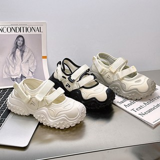 瑪麗珍鞋 女鞋透氣鏤空小白鞋涼鞋 魔術貼厚底軟底單鞋, 米灰,37