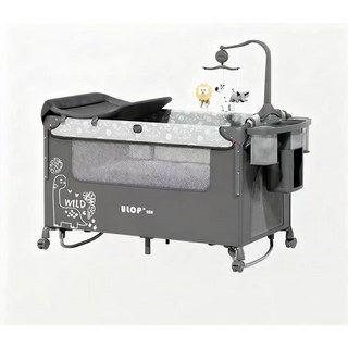 ULOP嬰兒搖床雙層萬向輪搖擺款，附豪華置物架、宮廷式蚊帳、護脊床墊, 線條恐龍