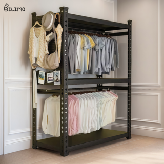 BILIMO 철제 드레스룸 수납 행거 탄공판 업그레이드형 옷장, 3단2봉, 블랙