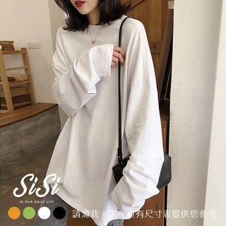 SISI 韓國秋冬慵懶風寬鬆圓領長袖T恤 中長版素面高彈性打底衫
