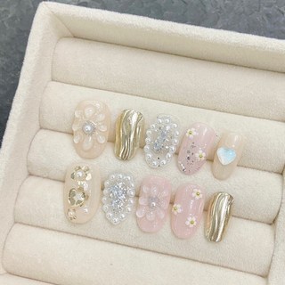 手工穿戴甲 金箔立體花朵 春夏氣質顯白溫柔款 穿戴式美甲, 1個, 1706中圓,大號L