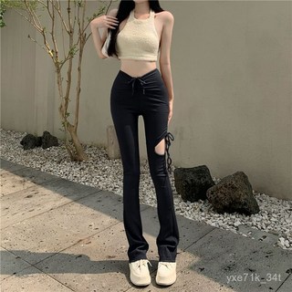 【臺灣出貨 】 300斤大碼抽繩破洞微喇叭褲子女夏季新款高腰顯瘦彈力綁帶馬蹄褲