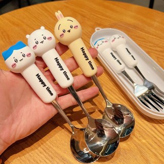 吉伊卡哇 可愛卡通不銹鋼三件套勺子筷子叉子套裝 學生兒童便捷餐具 便攜餐具 不鏽鋼餐具, 小八#304不銹鋼,筷+勺+叉+盒【四件套】, 1個