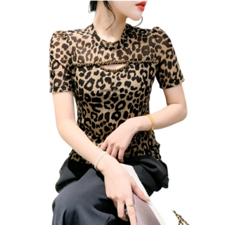 댄스복 상의 여성용 망사 호피 반팔 펀칭 비즈 티셔츠+ 뉴타임즈 J645H238