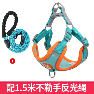 寵物牽繩胸背帶組 附1.5米反光牽繩 小型犬適用, 麂皮絨-湖藍（配1.5米不勒手反光繩）, M-（建議體重7-13斤的狗狗）