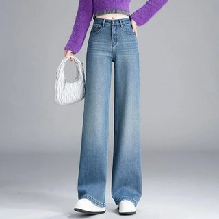 여성 러블리 청바지 배기핏 연청 기모 데님 와이드 바지 통 겨울 하이웨스트 캐주얼 다올4