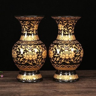 臺南出貨 花瓶佛具 拜拜花瓶 供佛花瓶 插花花器 乾燥花花瓶 神桌花瓶 供花瓶佛堂用品黑色陶瓷描金蓮花瓶 淨瓶佛教用品, 6寸真金黑花瓶/單個