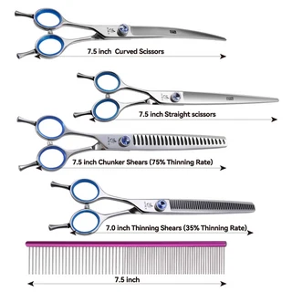 페니체 JP440C 전문가용 7/7.5/8인치 왼손잡이용 애견 미용 곡선형 플러피 숱가위 스트레이트 그루밍, 19 4pcs set B