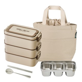 잔디반디 3칸스텐 직장인 3단 스텐 도시락통 전자레인지 가능 도시락 국통 수저세트 가방포함, 1개, 베이지 3단 도시락통 + 베이지 가방(어깨끈)