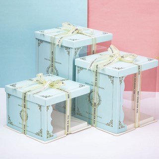 嗨購 半透明生日蛋糕盒6寸8寸10寸12寸單層雙層加高烘焙包裝盒新款, 1個, 半透明（藍色）*8寸加高26*26*31