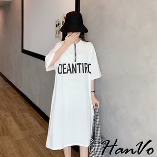 HanVo 拉鍊POLO領字母長版T 韓版休閒寬鬆連衣裙 舒適棉料 韓系女裝, 白色
