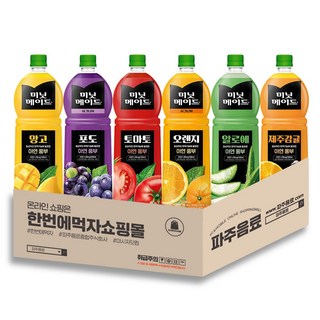 [한번에먹자] 미닛메이드 1.5L 포도 + 오렌지 + 알로에 + 망고 + 토마토 + 제주감귤 과즙음료 6종 혼합세트 가정용 쥬스 탕비실 사무실 음료 골라담기, 6개