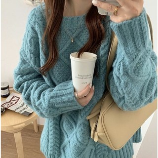 森系女孩粗麻花針織圓領毛衣