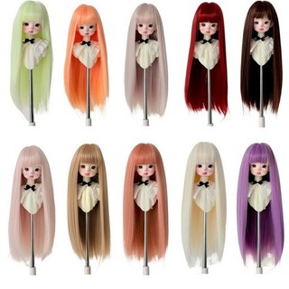 BJD 娃娃假髮 34分娃髮 多色長直髮 齊劉海 柔軟絲 可造型人偶頭髮, 1個, 淺紫色齊長直髮(柔軟絲),6分（適用於頭圍15-17.5cm）