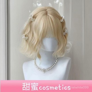 【甜蜜cosmetics】假髮女短髮洛麗塔捲髮自然逼真全頭套中長髮短捲鎖骨髮網紅泡麵頭, 煙灰藍,+小護理五件套, 1個