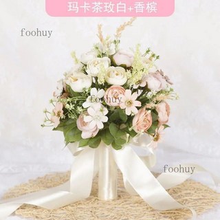 台灣出貨 熱賣 新娘捧花 森系韓系手捧花 婚禮拍攝道具 拍照仿真花束 影樓婚紗攝影旅拍 婚禮捧花 仿真捧花, 白+香檳瑪卡梅, 1個