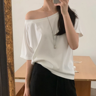 샤콘 데브 여성용 원숄더 루즈핏 오프숄더 보트넥 반팔 베이직 어깨트임 여름 티셔츠