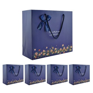 VITALO 네이비 플로럴 리본 선물 쇼핑백 답례품 고급 종이가방 5P, 5개