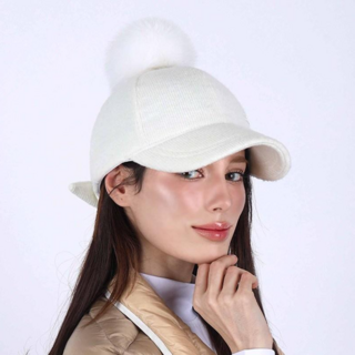 루페오 여성 가을 겨울 방한 니트 리본 퍼 여우방울 볼캡 골프 야구 모자, 1개, 아이보리