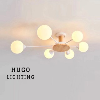 雨果燈飾 北歐原木 白玉圓球 客廳書房臥室吸頂燈 日式實木魔豆玻璃球狀主燈, 六燈 / 白支架 / 白色玻璃,黃光G912WLED 定制全電壓