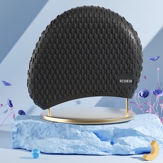 泳帽 矽膠泳帽 防水泳帽 游泳帽 長髮泳帽 泡泡泳帽 專業泳帽 防水 水滴泳帽 防水硅膠泡泡帽加大不勒頭女長髮專用護耳, 高級黑, 1個