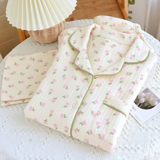 로맨틱 핑크 튤립 순면 누빔 기모 잠옷 브이넥 카라넥 2종