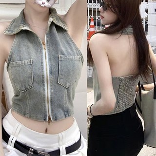 SISI【V24028】仿舊牛仔削肩無袖露背掛脖背心：性感修身辣妹風